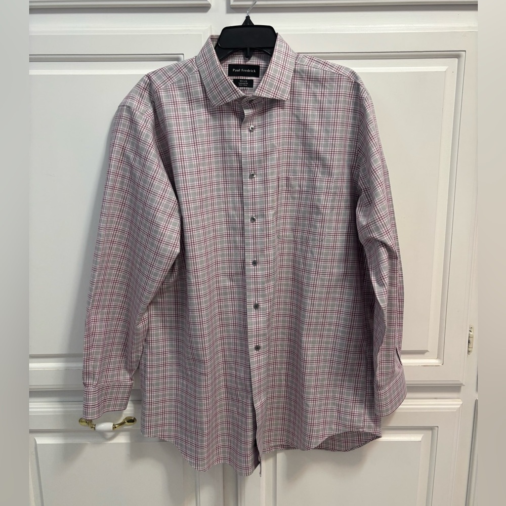 Paul Fredrick Pink Gray Plaid Button Down Collard Shirt Men Size 16.5 - 34